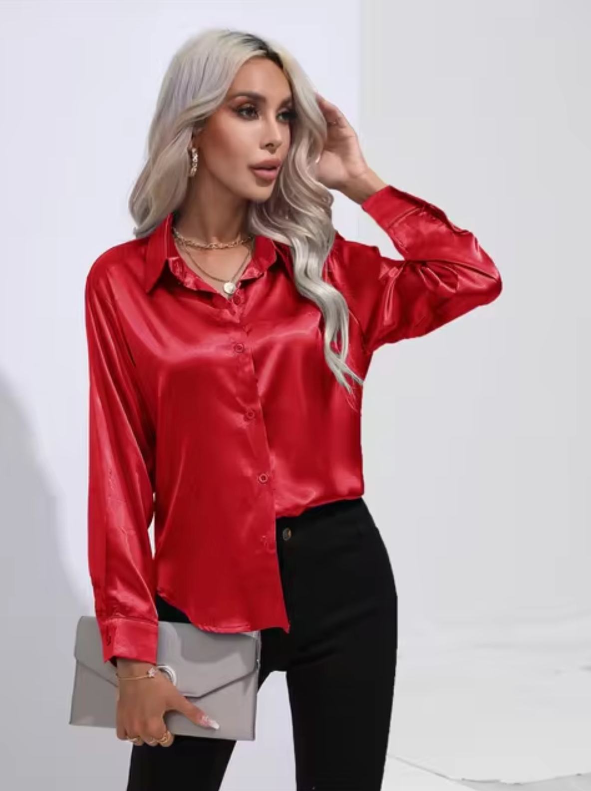 Annika - Blusa de Satén de Manga Larga