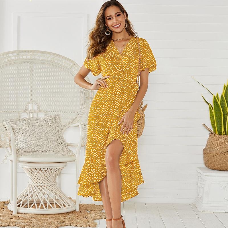 Vestido Largo Verano de Gasa con Estampado Floral Boho de Volantes Mujer