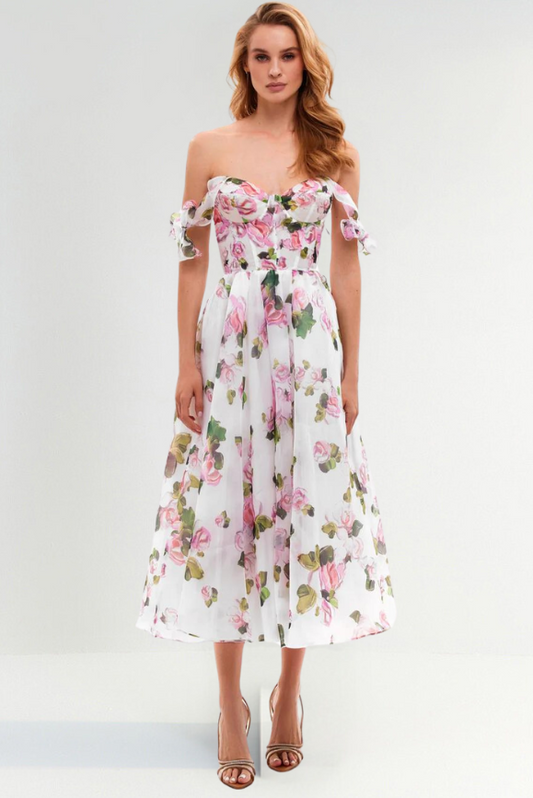 Sofía - Vestido Midi Floral sin Tirantes