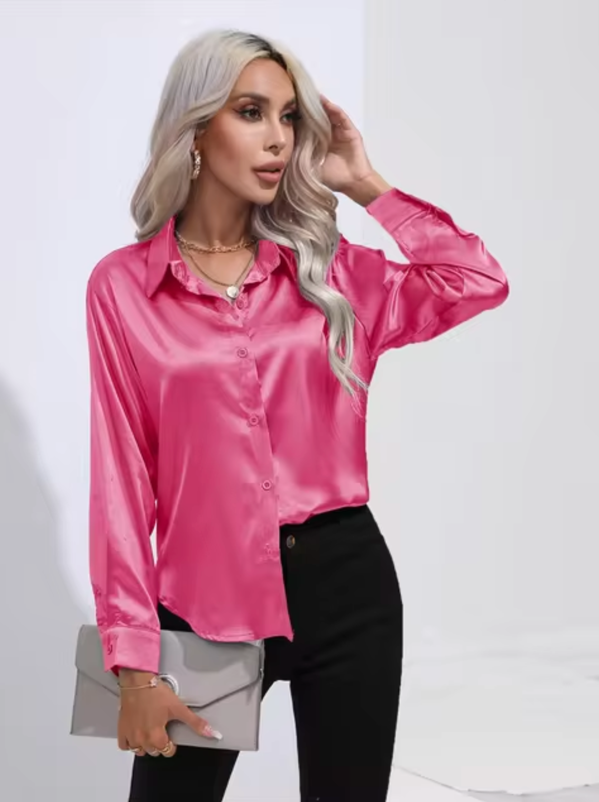 Annika - Blusa de Satén de Manga Larga