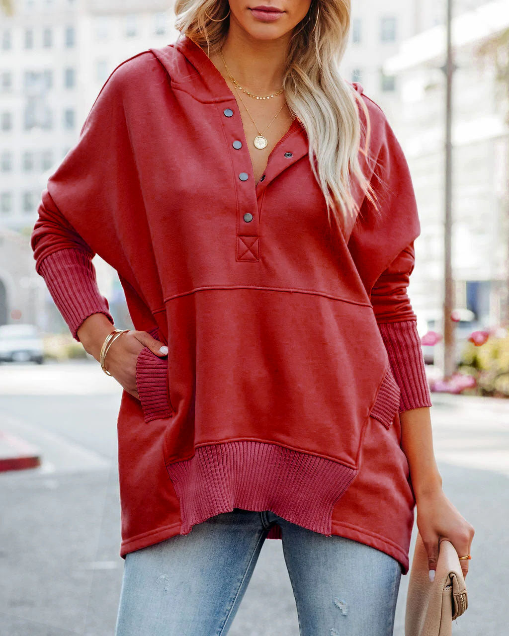 Bea - Blusa Sudadera con Cuello en V y Botones