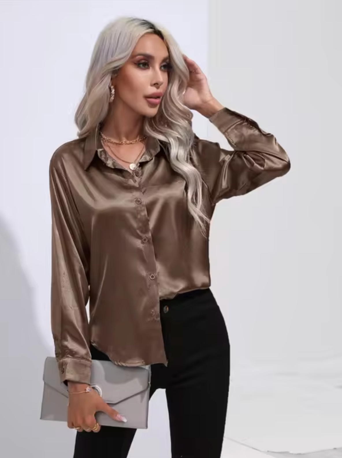 Annika - Blusa de Satén de Manga Larga