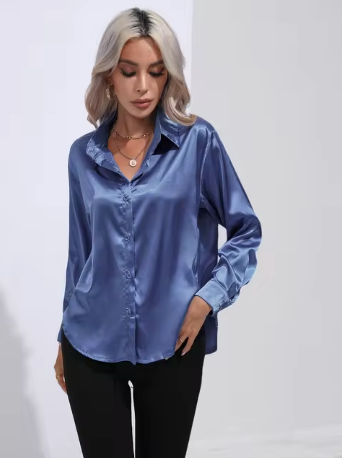 Annika - Blusa de Satén de Manga Larga