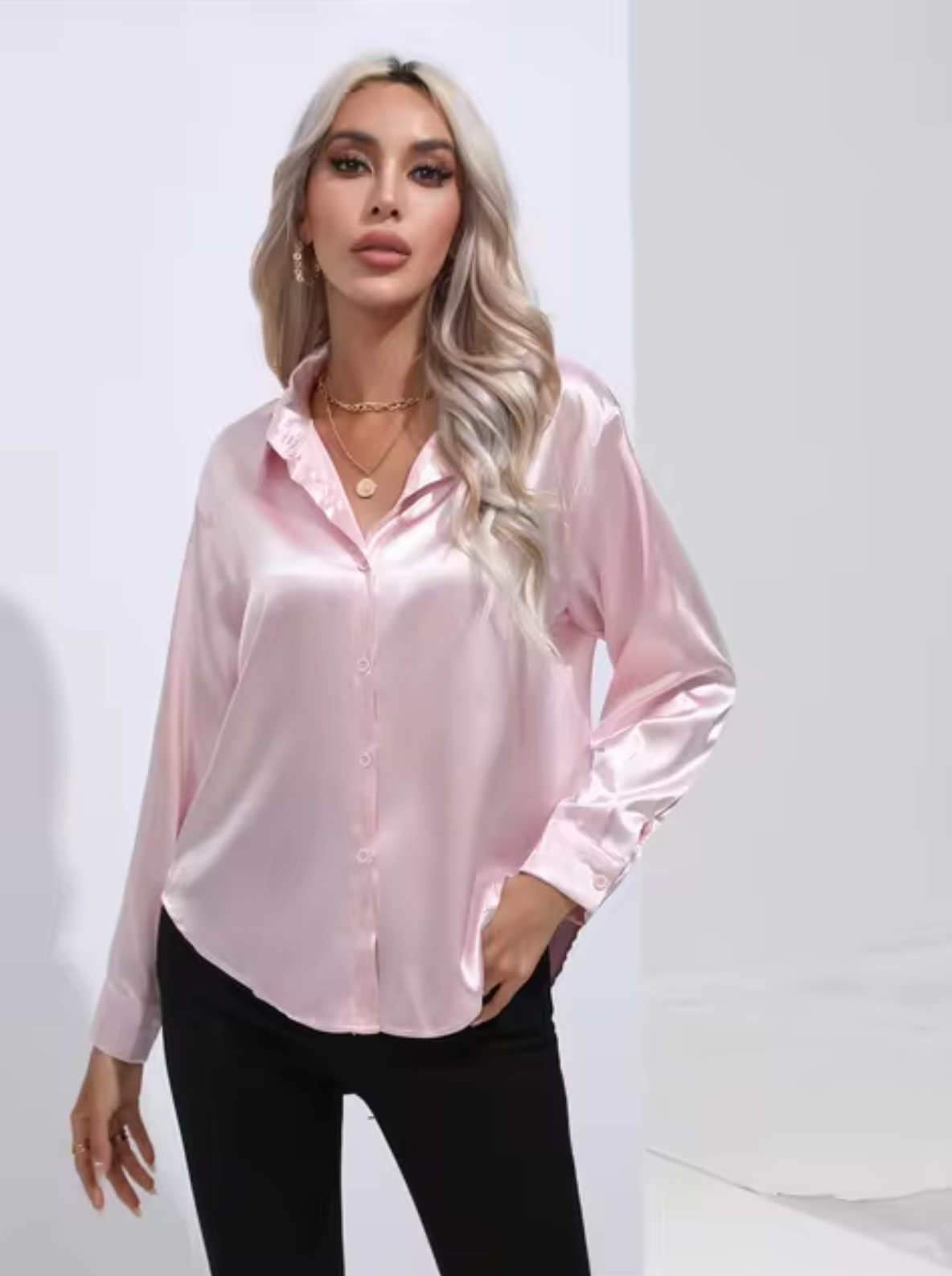 Annika - Blusa de Satén de Manga Larga