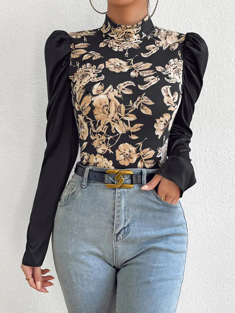 Luen – Blusa de raso con mangas abullonadas