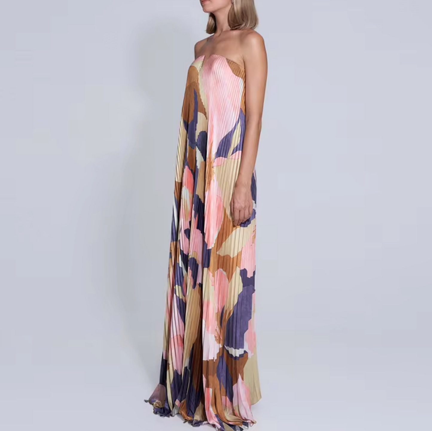 Ariana – Vestido Largo Floral Palabra de Honor con Pliegues