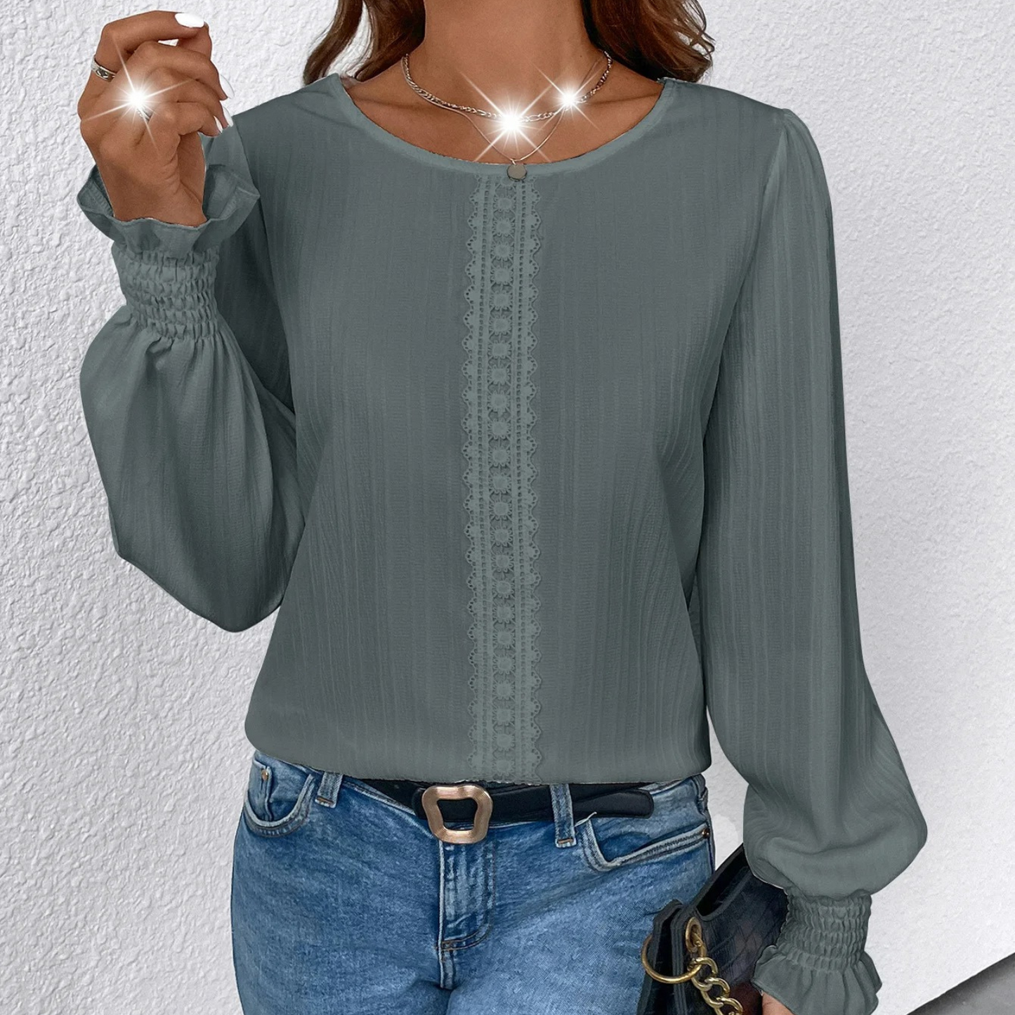 Jolina - Blusa casual suelta de manga farol