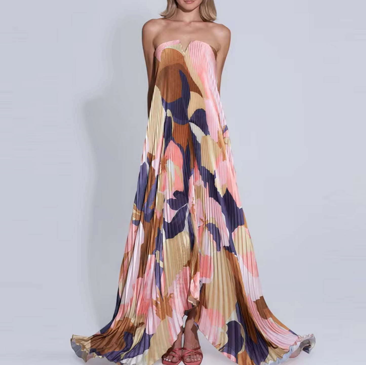 Ariana – Vestido Largo Floral Palabra de Honor con Pliegues