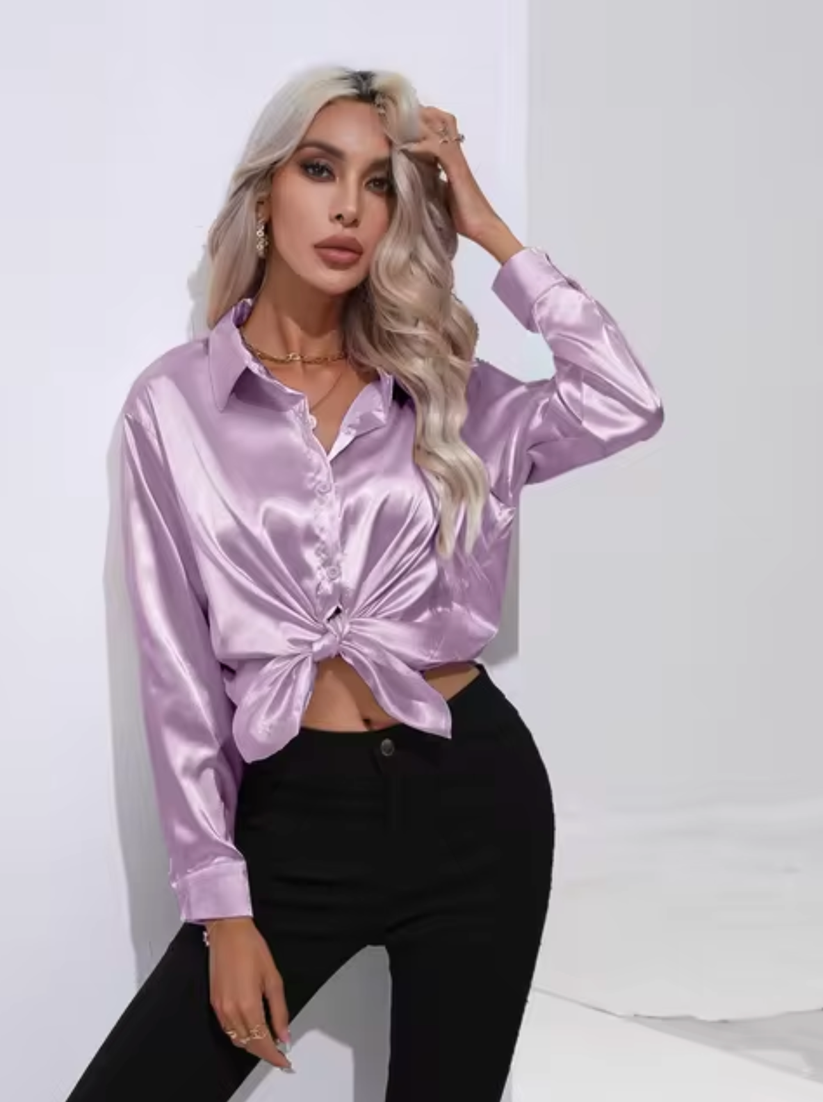 Annika - Blusa de Satén de Manga Larga