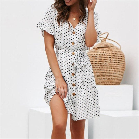 Lina - Vestido Midi Lunares de Gasa con Volantes Manga Corta Ideal Mujer Verano