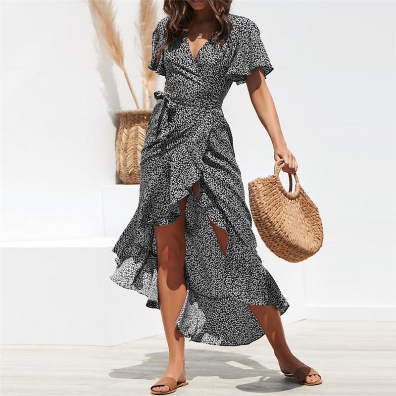 Vestido Largo Verano de Gasa con Estampado Floral Boho de Volantes Mujer