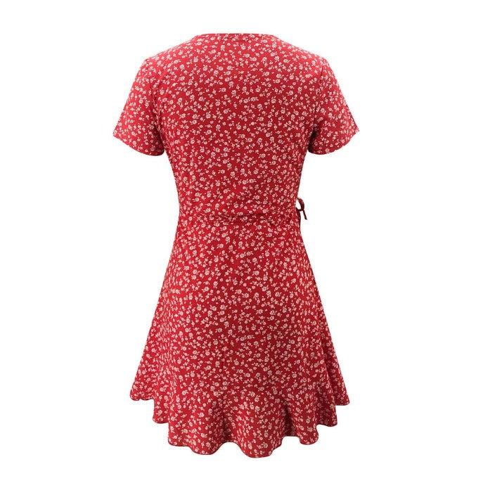 Violeta - Vestido Corto Floral con Volantes y Cuello en V para Mujer