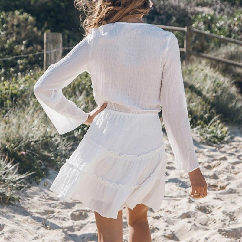 Joy - Vestido Blanco Midi Ibicenco Veraniego con Falda Volada para Mujer