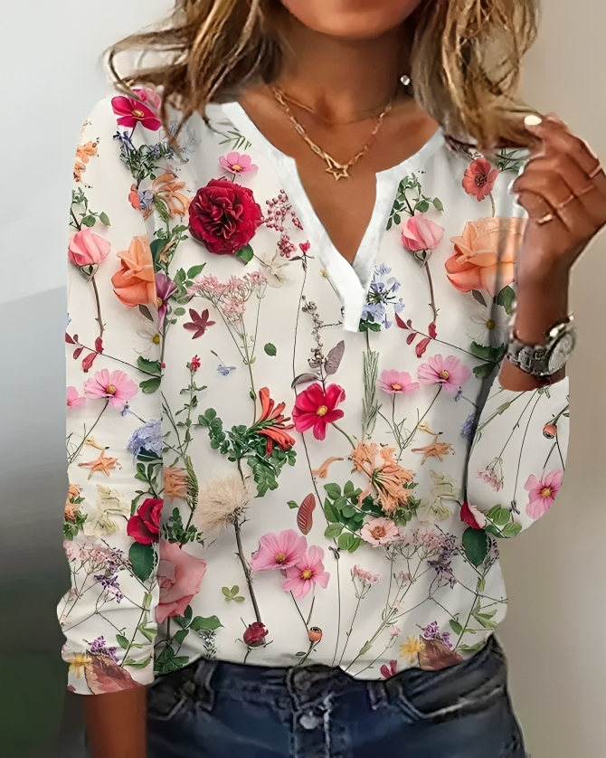 Roxie - Acogedora blusa floral de manga larga