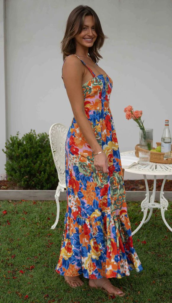 Kaila - Vestido Largo de Cuello Cuadrado con Estampado Floral Vibrante