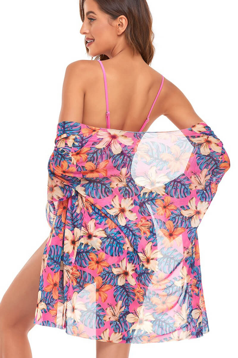 Yna - Conjunto de blusa y bikini de playa floral rosa