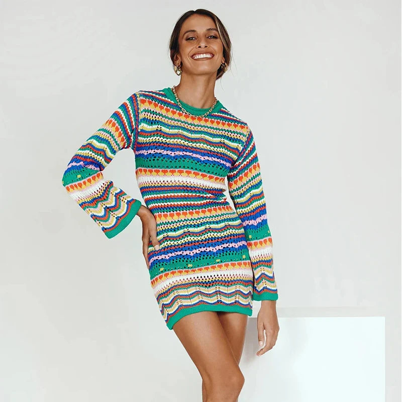 Sol - Vestido bohemio de crochet a rayas