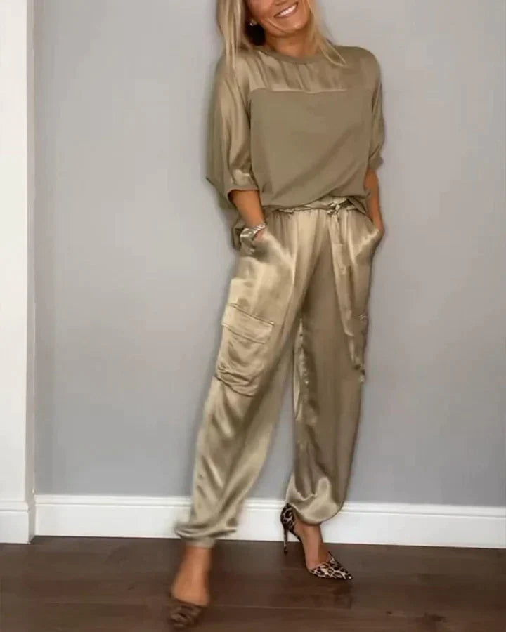 Kleya - Traje dos Piezas de Raso Liso con Top y Pantalón Midi para Mujer